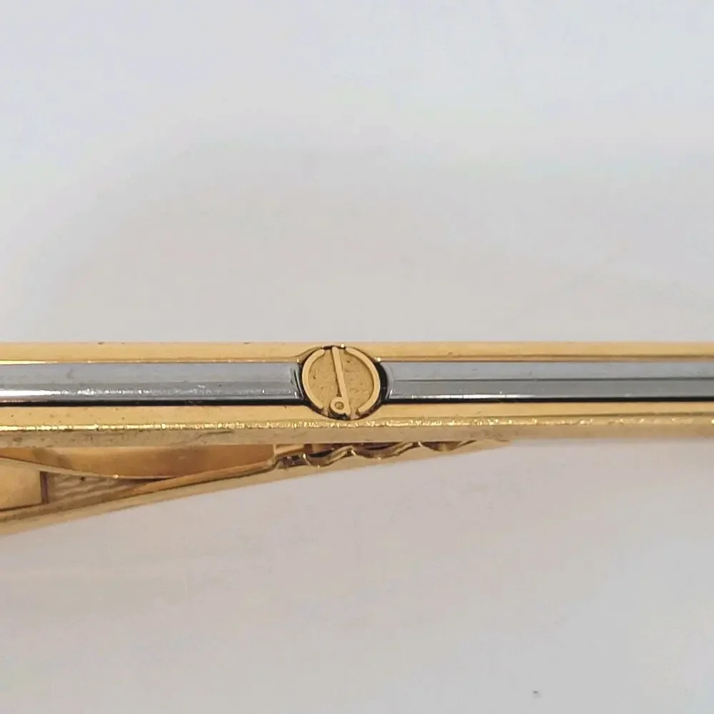 Dunhill Vintage Two Tone Tie Clasp Clip‎ Bar Silver Gold Retro Logo Minimalistic